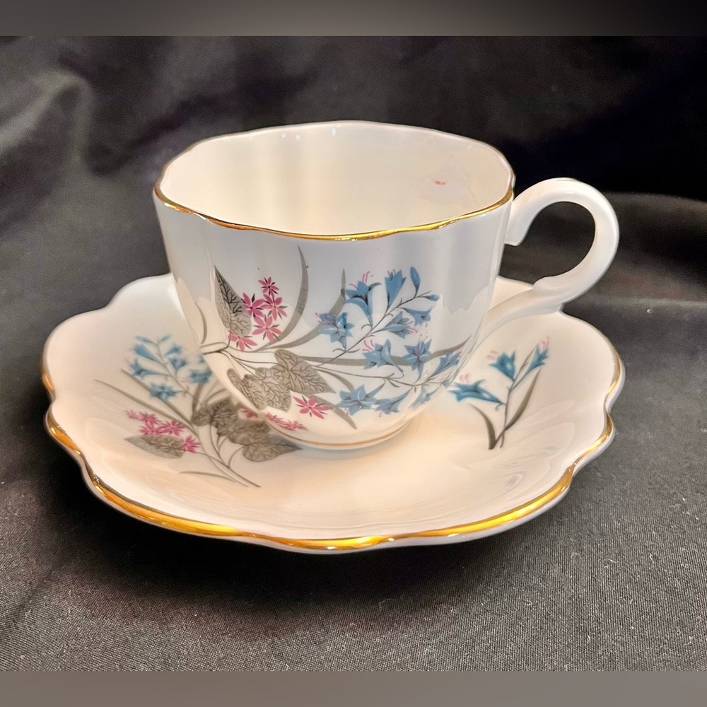 Vintage English Castle 22K Gold Trim Blue Lily Bone China Teacup & Saucer Set